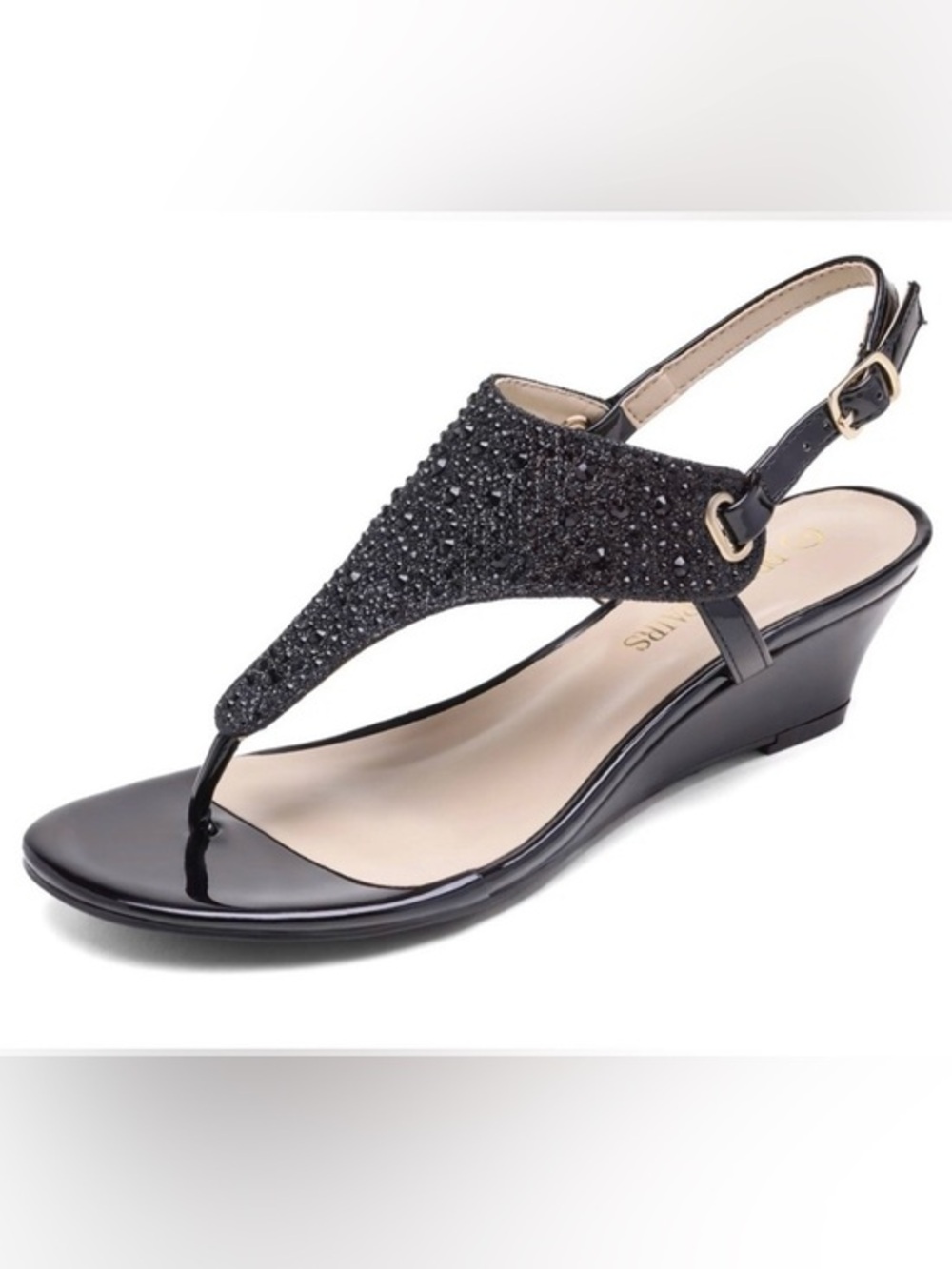 Dream Pairs Black Jeweled Thong Wedge Sandals